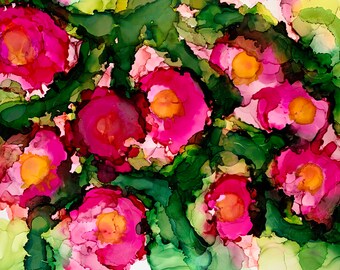 Original Pink Floral Alcohol Ink Painting, Abstract Modern Art (8x11)