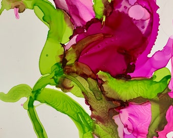 Luscious Bloom III, Alcohol Ink Painting, Original Art, Floral Art, Botanical Painting, Ink Art, Pink, Green, Pink Flower Painting, Abstract