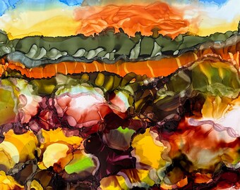 Tuscan Sunset, Original Alcohol Ink Landscape Painting, Colorful Wall Art (8x8 Unframed)