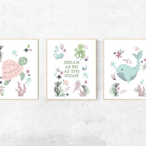 Sous la mer Nursery Prints Sets, Nursery Sea Animals Wall Art, Baby Sea Animals Prints. Décor de pépinière. Ensemble d’impression numérique pour pépinière.