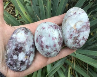 May include: Three smooth, polished, oval-shaped stones featuring a white and light gray base color with scattered, deep magenta and dark purple mineral inclusions throughout the surface of each individual stone.