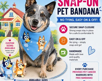 Bluey Bingo Dog Bandana: Snap-On Dog Bandana Custom Made Snap On Bandana Scarf Blue Yellow