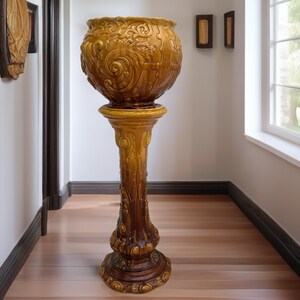 Antique Victorian Majolica Jardiniere & Pedestal – Amber Drip Glaze, 1898