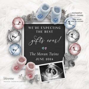 Editable Twin boy and girl Holiday género revela anuncio de embarazo digital para redes sociales Tablero de anuncios de bebé de Navidad