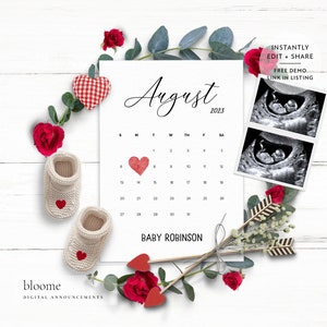 Valentine's Day digital pregnancy announcement for social media, calendar baby announcement instagram stories reels gender neutral image 1