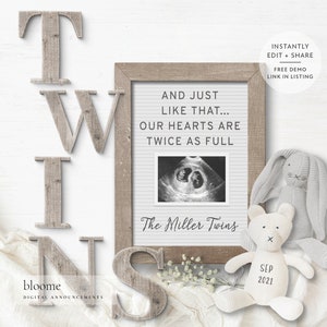 Editable TWINS Letter board digital pregnancy announcement for social media baby announcement gender reveal instagram twin announcement