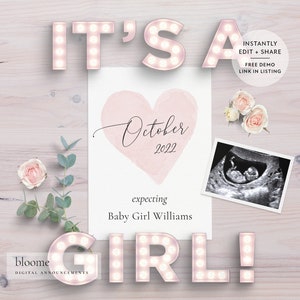 EDIT INSTANTLY! It&#39;s a girl Custom digital pregnancy announcement for social media baby announcement gender reveal instagram baby girl pink