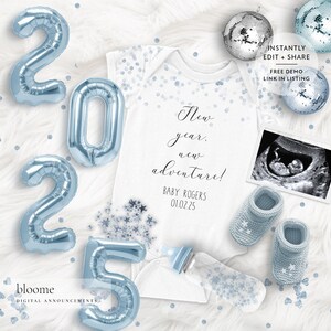 Edite instantaneamente! Anúncio digital de gravidez na véspera de Ano Novo para mídia social anúncio personalizado de bebê Instagram nye 2025 é um menino!