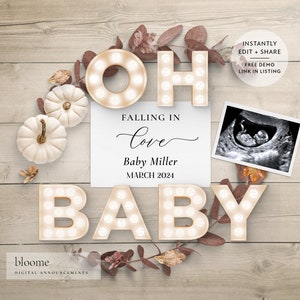 Edit instantly!  Fall customizable digital pregnancy announcement for social media custom baby announcement instagram autumn OH BABY!