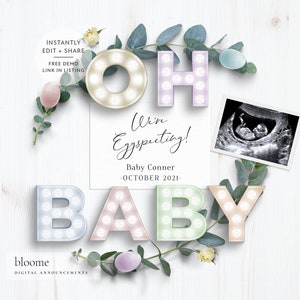 Edit Instantly! Easter customized digital pregnancy announcement for social media baby announcement instagram We're eggspecting oh baby!