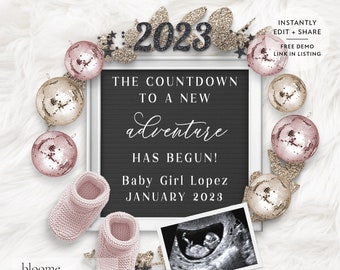 Edit Instantly! 2023 NEW YEARS Its a girl digital pregnancy announcement for social media baby announcement nye gender reveal