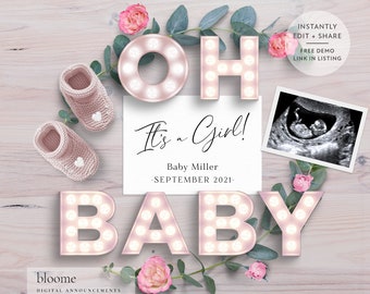 EDIT INSTANTLY! Its a girl! digital pregnancy announcement for social media baby announcement gender reveal instagram marquee light Oh baby