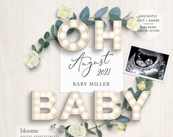 EDIT INSTANTLY! Oh baby Custom digital pregnancy announcement for social media baby announcement gender reveal instagram marquee light