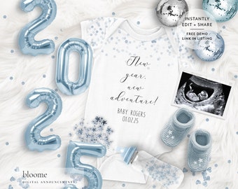 May include: A white onesie with blue glitter confetti and the text "New year. new adventure!"  A blue baby bottle, blue knitted baby booties, and a framed ultrasound image are also included.  The onesie is surrounded by blue foil balloons spelling out "2025" and blue confetti.