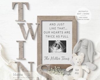 Editable TWINS Letter board digital pregnancy announcement for social media baby announcement gender reveal instagram twin announcement