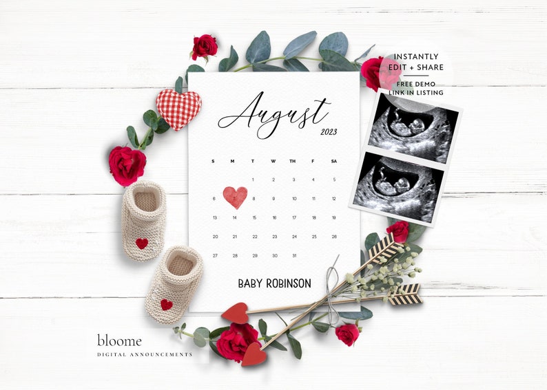 Valentine's Day digital pregnancy announcement for social media, calendar baby announcement instagram stories reels gender neutral image 1