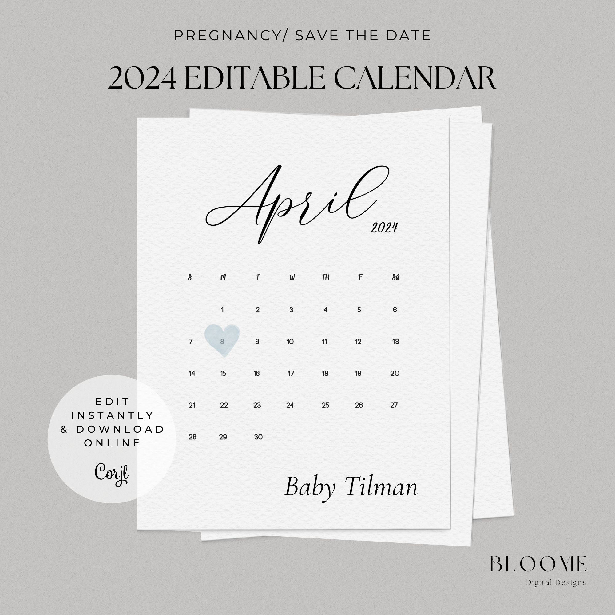 2024 Editable Calendar Instant Download Pregnancy Announcement Calendar  Save the Date Spring Calendar - Etsy