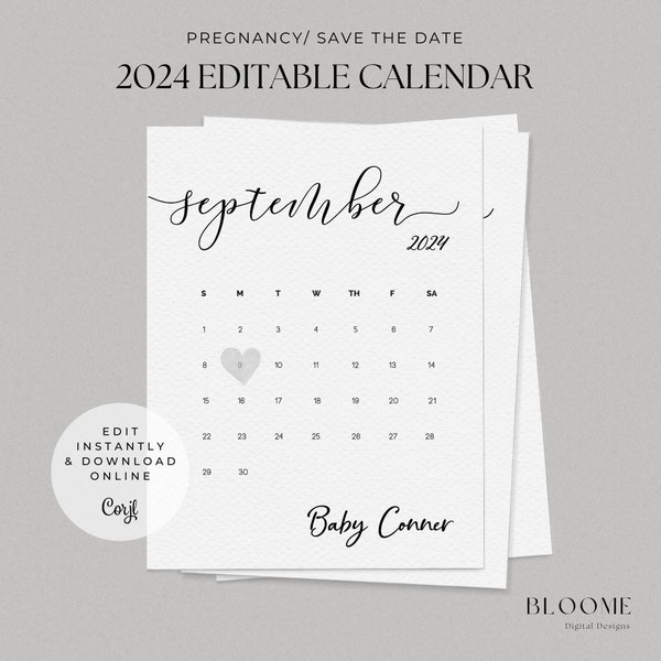 2024 editable calendar instant download pregnancy announcement calendar save the date calendar