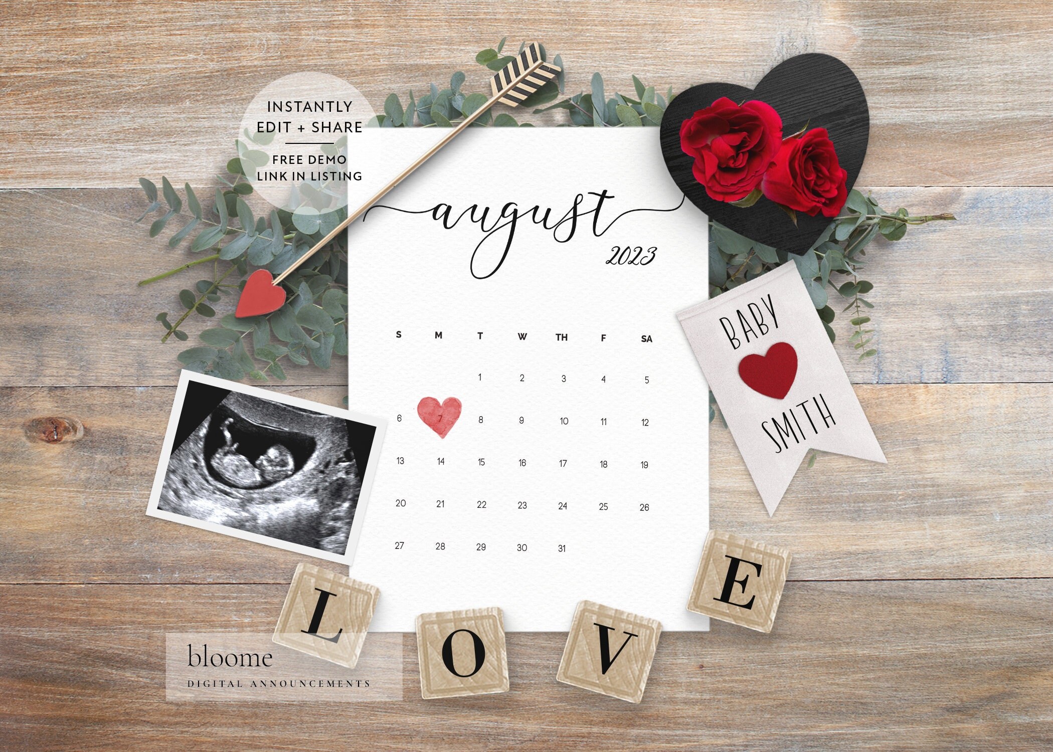 Editable Valentine's Day digital pregnancy announcement template for social  media baby reveal gender neutral baby announcement calendar
