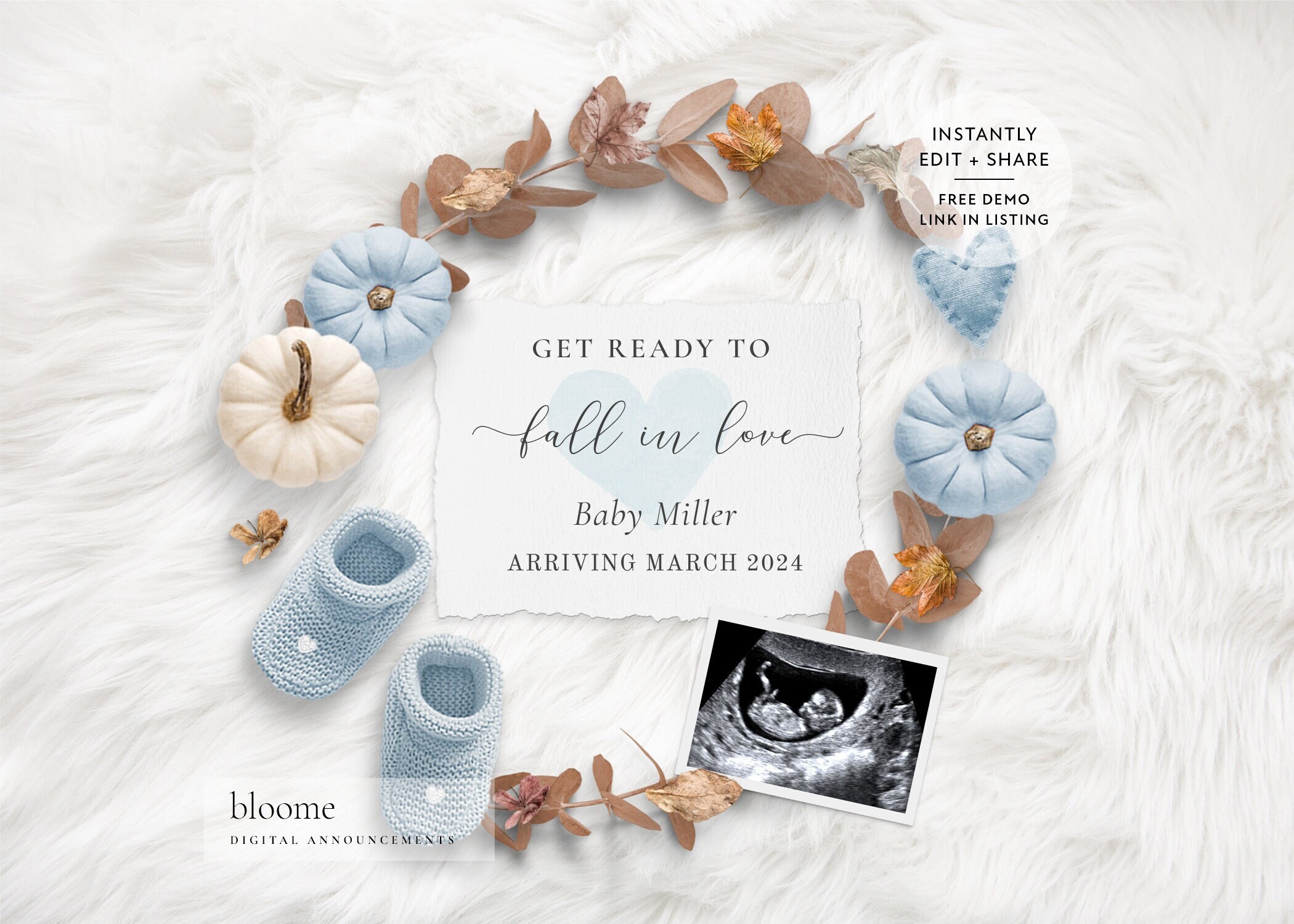 Edit instantly! Fall thanksgiving gender reveal digital pregnancy announcement for social media baby announcement instagram IT'S A BOY!