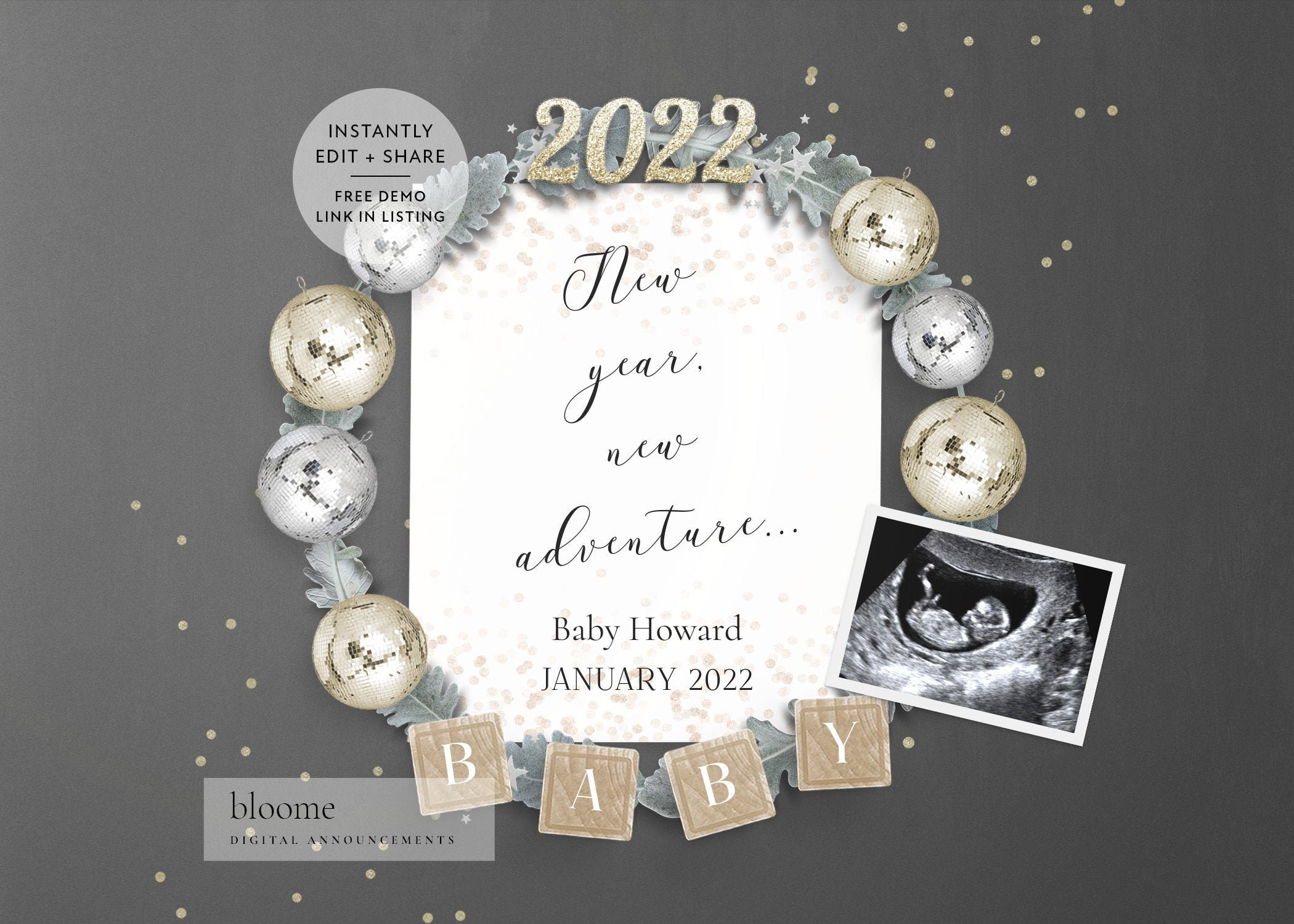 Edit Instantly NEW YEAR digital pregnancy announcement for social media custom baby announcement gender reveal instagram nye adventure 2022
