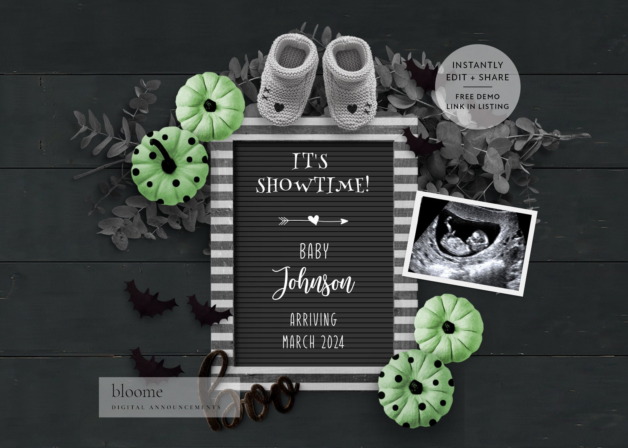 Editable HALLOWEEN digital pregnancy announcement for social media custom baby announcement instagram Beetlejuice vibes
