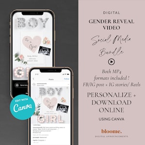 Edit instantly! social media bundle ITS A GIRL Gender reveal VIDEO pregnancy announcement instagram feed instagram stories Facebook mp4