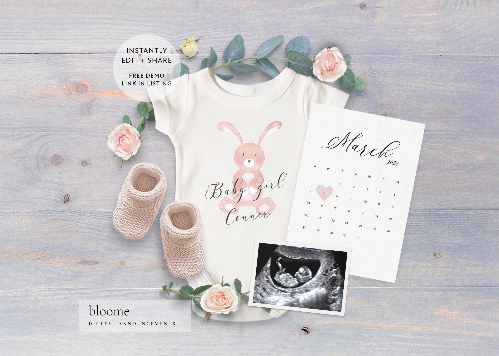 Its a girl Easter customized digital pregnancy announcement for social media baby announcement instagram bunny onesie spring Edit Instantly