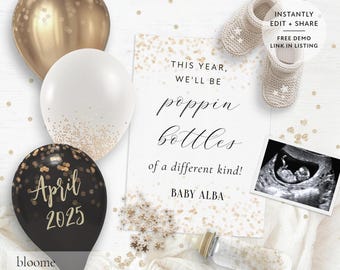 May include: A digital baby announcement card with gold glitter confetti and the text "This year, we'll be poppin' bottles of a different kind! Baby Alba" with a black and white ultrasound image and a black balloon with gold glitter confetti and the text "April 2025".