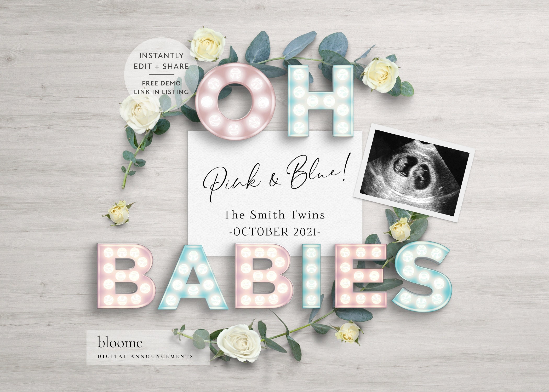 Editable TWIN Gender Reveal Digital Pregnancy Announcement for Etsy