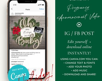 Personalize instantly! Holiday VIDEO pregnancy announcement for Social Media editable Christmas announcement mp4 text Instagram Canva