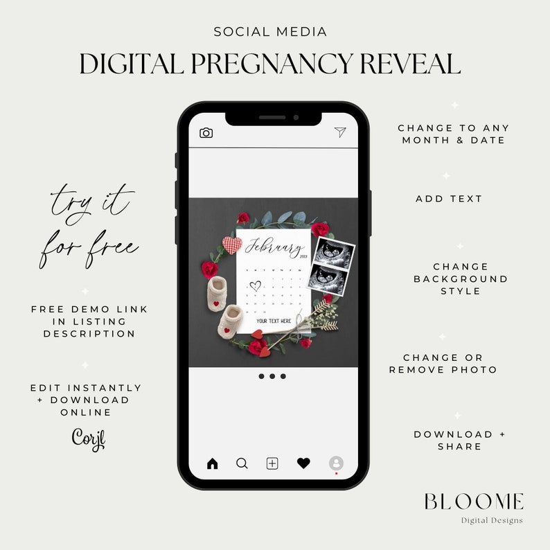 Valentine's Day digital pregnancy announcement for social media, calendar baby announcement instagram stories reels gender neutral image 2