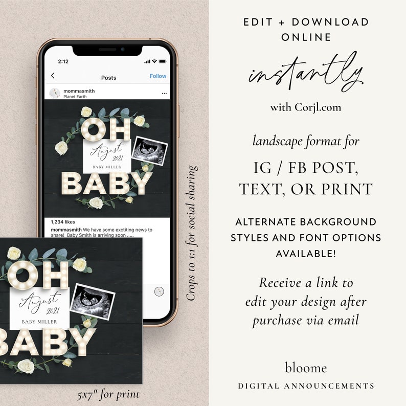 EDIT INSTANTLY Oh baby Custom digital pregnancy announcement for social media baby announcement gender reveal instagram marquee light image 3