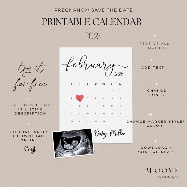 2024 Editable Calendar Instant Download Pregnancy Announcement - Etsy