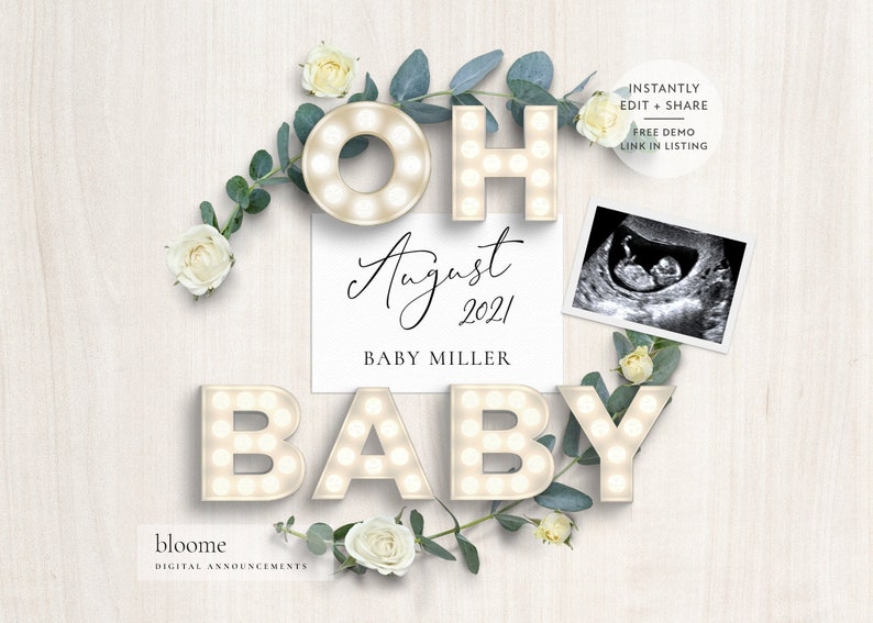 EDIT INSTANTLY Oh baby Custom digital pregnancy announcement for social media baby announcement gender reveal instagram marquee light image 1