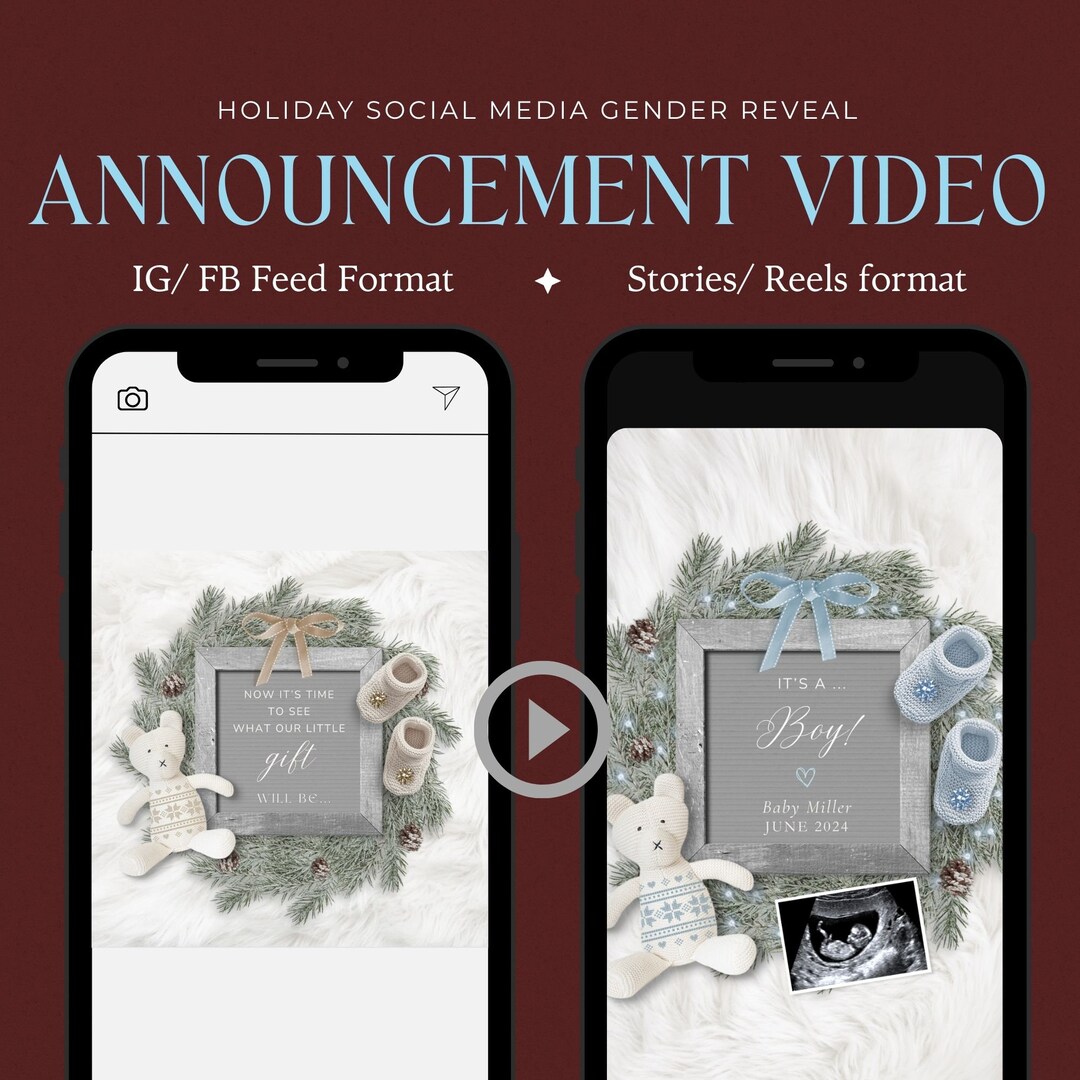 Editable Holiday Gender Reveal Video Pregnancy Announcement for Social