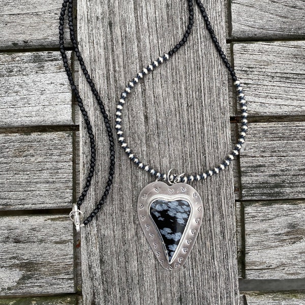 Sterling Silver Pendant with Snowflake Obsidian Heart on beaded Black Spinel and Sterling Silver Navajo Pearls Necklace