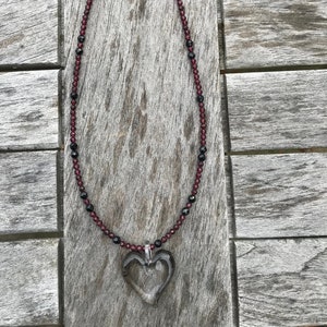 Garnet and Black Spinel Gemstone Necklace with Murano Glass Smoky Gray Heart Pendant