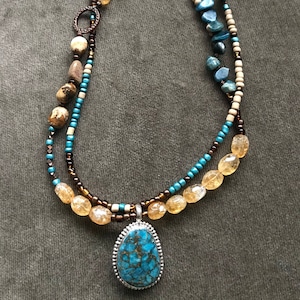 Long Turquoise Pendant Gemstone Necklace Citrine Apatite Picture Jasper Turquoise Necklace Multi Gemstone Necklace