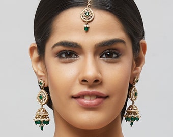 Antik Gold Ohrringe mit Maangtikka (Jhumka Stil) in verschiedenen Farben, Indischer Schmuck, Hochzeitsschmuck