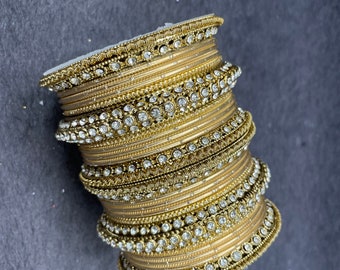 Indian Stone Bangles Silver Tone CZ Churi Set of 16 Party Ware Fashion Jewellery 