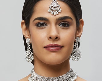 Antique Gold Choker Set, Indian Jewelry with Earrings & Maangtikka