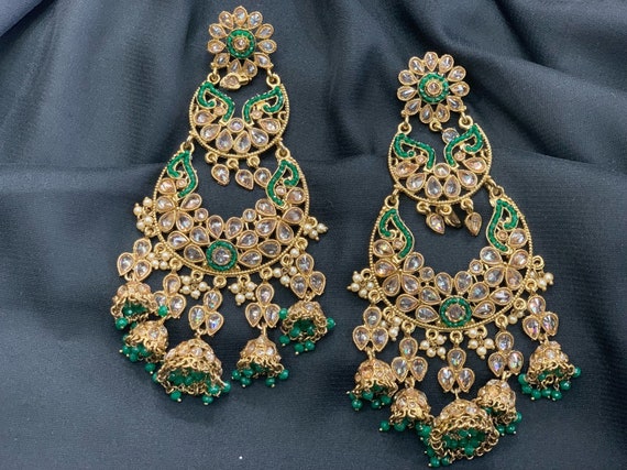 Antique Gold Earrings With Jhumkas Earrings With Pearls Polki Stone Earrings Long Chandbali Indian Antique Earrings With Emerald Accents