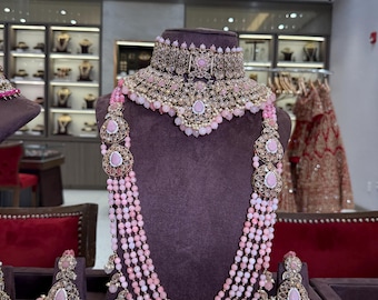 Antique Gold Bridal Jewelry Set: Maharani Choker, Pearl Embellishments with pink beads