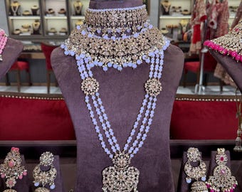 Antique Gold Bridal Jewelry Set: Maharani Choker, Pearl Embellishments with light purple beads