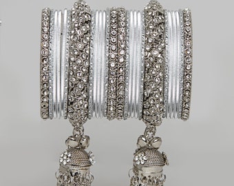 Silver bangles with silver stone kadas with ghunghroo, Wedding bangles, Indian Jewelry BD10