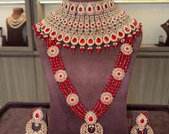 Antique Gold Bridal Jewelry Set: Maharani Choker, Pearl Embellishments with Red stones