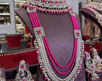 Antique Gold Bridal Jewelry Set: Maharani Choker, Pearl Embellishments with hot pink beads