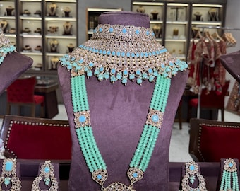Antique Gold Bridal Jewelry Set: Maharani Choker, Pearl Embellishments with mint accents