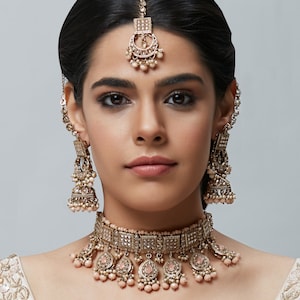 Antique gold chocker set with different color accents , Indian flexible choker with long earrings and maangtikka, Indian jewelry NSD8